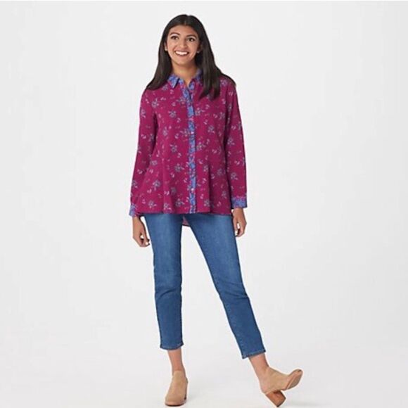 Isaac Mizrahi Live! Stretch Woven Floral Blouse Pink Sz 4 - Picture 1 of 16
